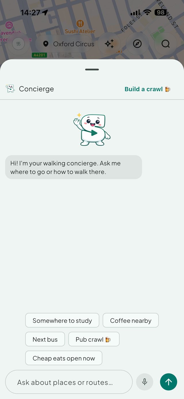 Screenshot of the Sentra app: a walking concierge panel that says “Hi! I’m your walking concierge. Ask me where to go or how to walk there”, above tappable prompts reading Somewhere to study, Coffee nearby, Next bus, Pub crawl and Cheap eats open now, and an input row with a microphone button and a send button.