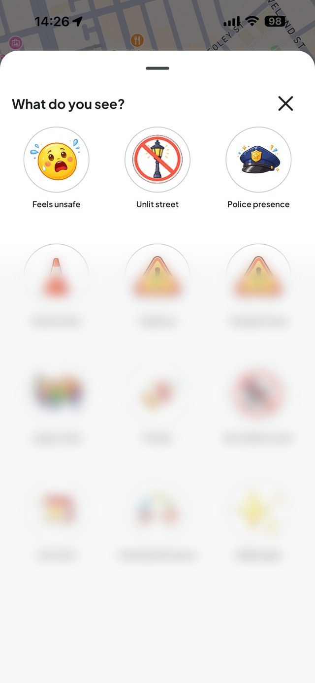 Screenshot of the Sentra app: a sheet headed “What do you see?” over a grid of illustrated sticker icons covering both hazards and finds.