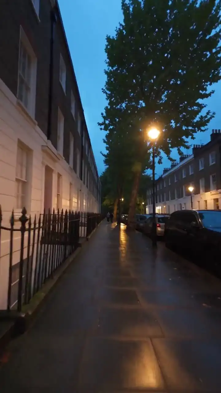 A quiet Bloomsbury terrace at dusk seen from a walker's eye height: railings and stucco on the left, plane trees and parked cars on the right, wet pavement ahead, the street opening out into darkness at the far end. Generated for this page.